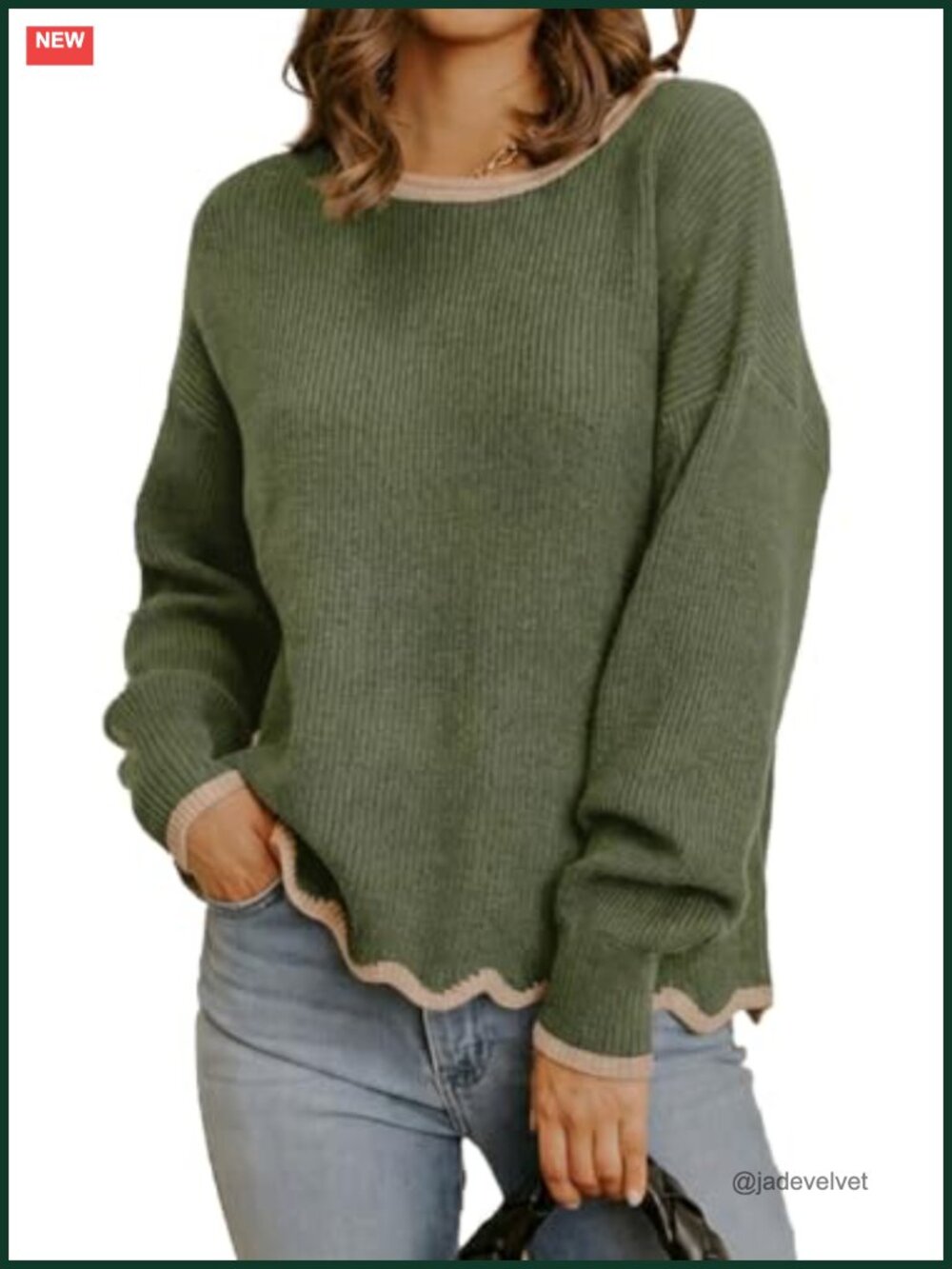 Scalloped Hem Sweater, Contrast Trim, Soft Knit Pullover